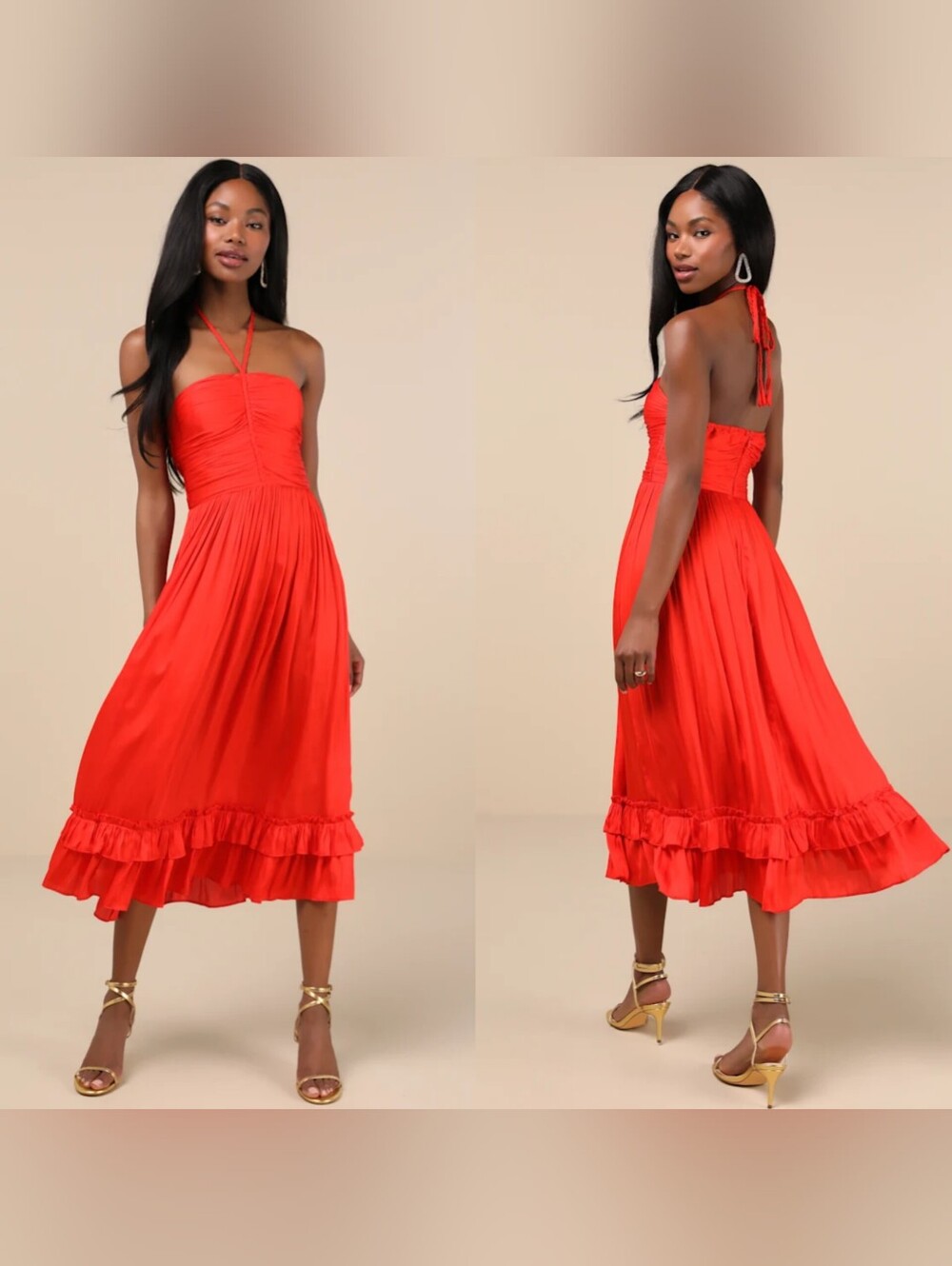 Lulus Pleasing Chicness Red Satin Halter Tiered Midi Dress XL Wedding Party